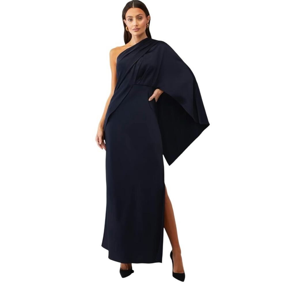 Significant Other‎ One Shoulder Gown Navy Leg Slit 2 Luxury Cocktail Minimalist